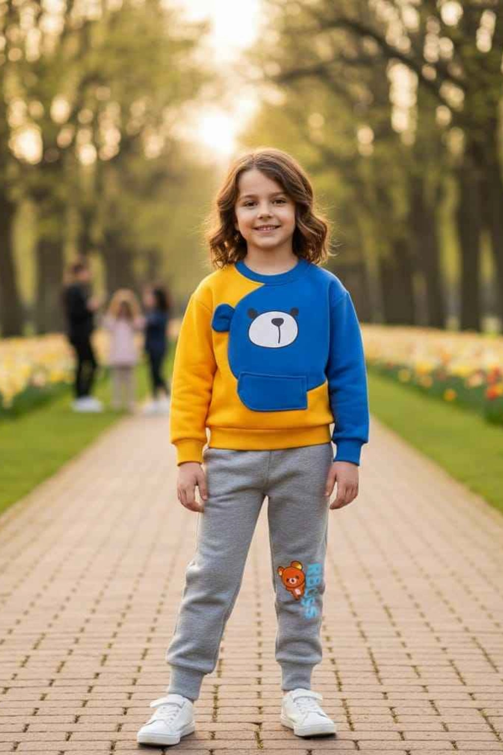 Kids Sweatshirt Set Blue Yellow Toddler Boys Girls Tracksuit with Bear Print