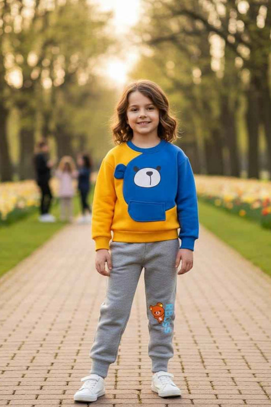 Kids Sweatshirt Set Blue Yellow Toddler Boys Girls Tracksuit with Bear Print