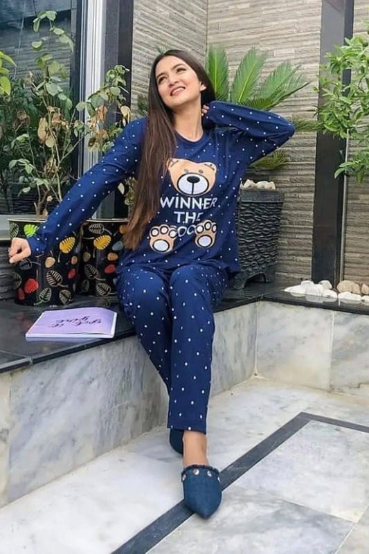 Women’s Navy Blue Nightwear Pajama Set – Cute Teddy Print
