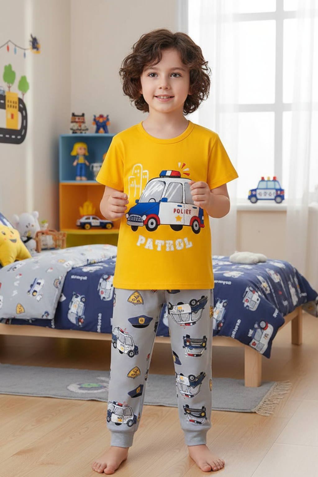 Baby Boy Yellow Police Car T-Shirt & Grey Pajama Set