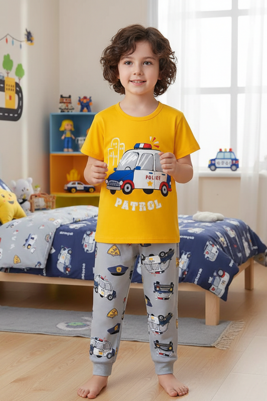 Baby Boy Yellow Police Car T-Shirt & Grey Pajama Set