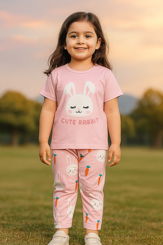 Baby Girl Pink Cute Rabbit T-Shirt & Pajama Set - Al SafouhStore