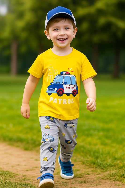 Baby Boy Yellow Police Car T-Shirt & Grey Pajama Set - Al SafouhStore