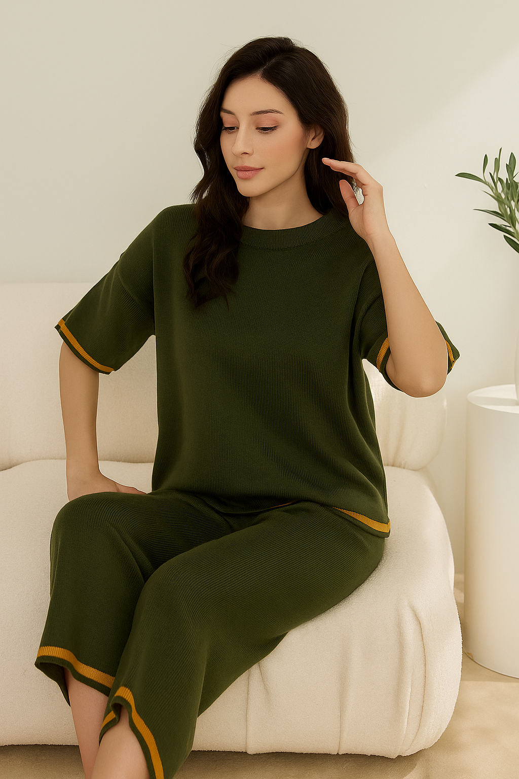 Elegant Olive Green Two-Piece Loungewear Set - Al SafouhStore