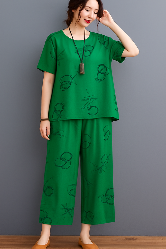 Green Black Circle Printed Capri PJ Nightsuit - Al SafouhStore