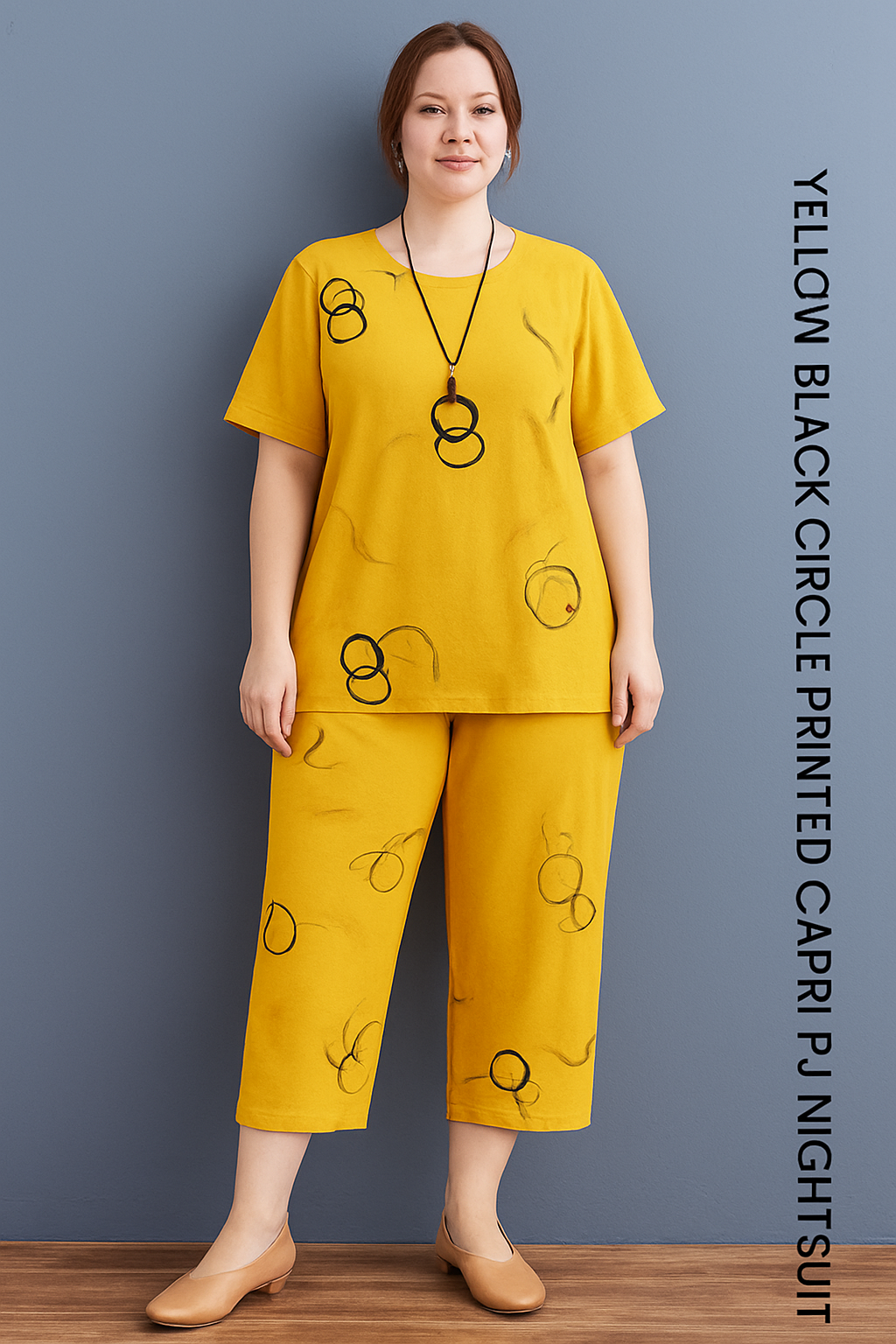 Yellow Black Circle Printed Capri PJ Nightsuit – Soft Jersey - Al SafouhStore