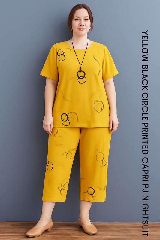 Yellow Black Circle Printed Capri PJ Nightsuit – Soft Jersey - Al SafouhStore