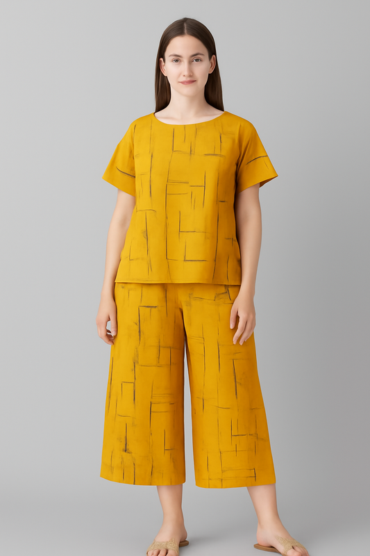 Chic Mustard Two-Piece Ensemble with Abstract Patterns - Al SafouhStore