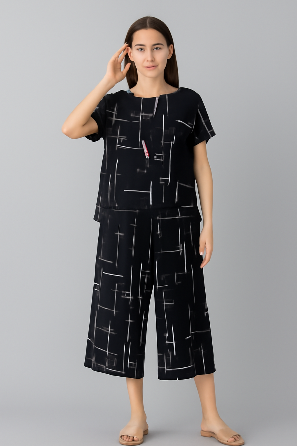 Elegant Black Two-Piece Set with Abstract White Patterns - Al SafouhStore