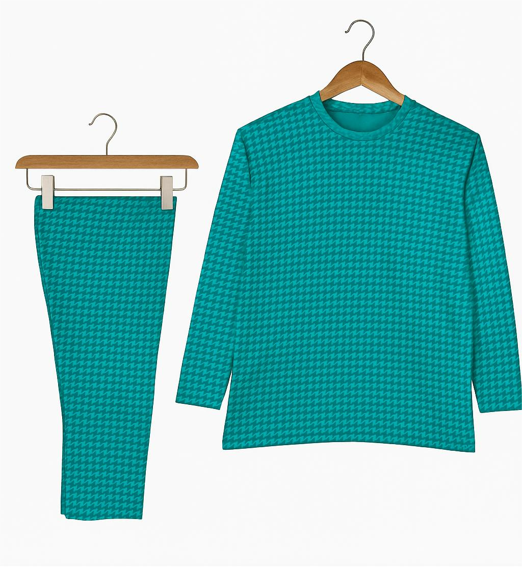 Cozy Winter Terry Fleece Nightwear Set – Turquoise & Black