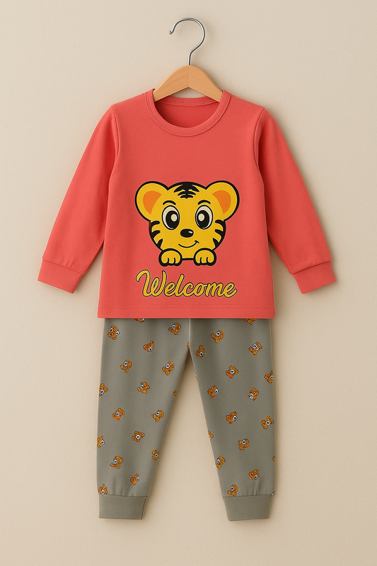 Kids Cartoon Tiger Pajama Set – Red & Grey - Al SafouhStore