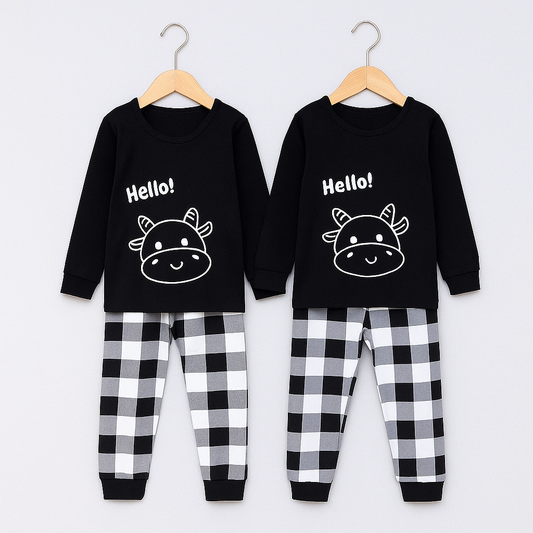 Kids Checkered Pajama Set – Hello Print (Ages 1–10) - Al SafouhStore