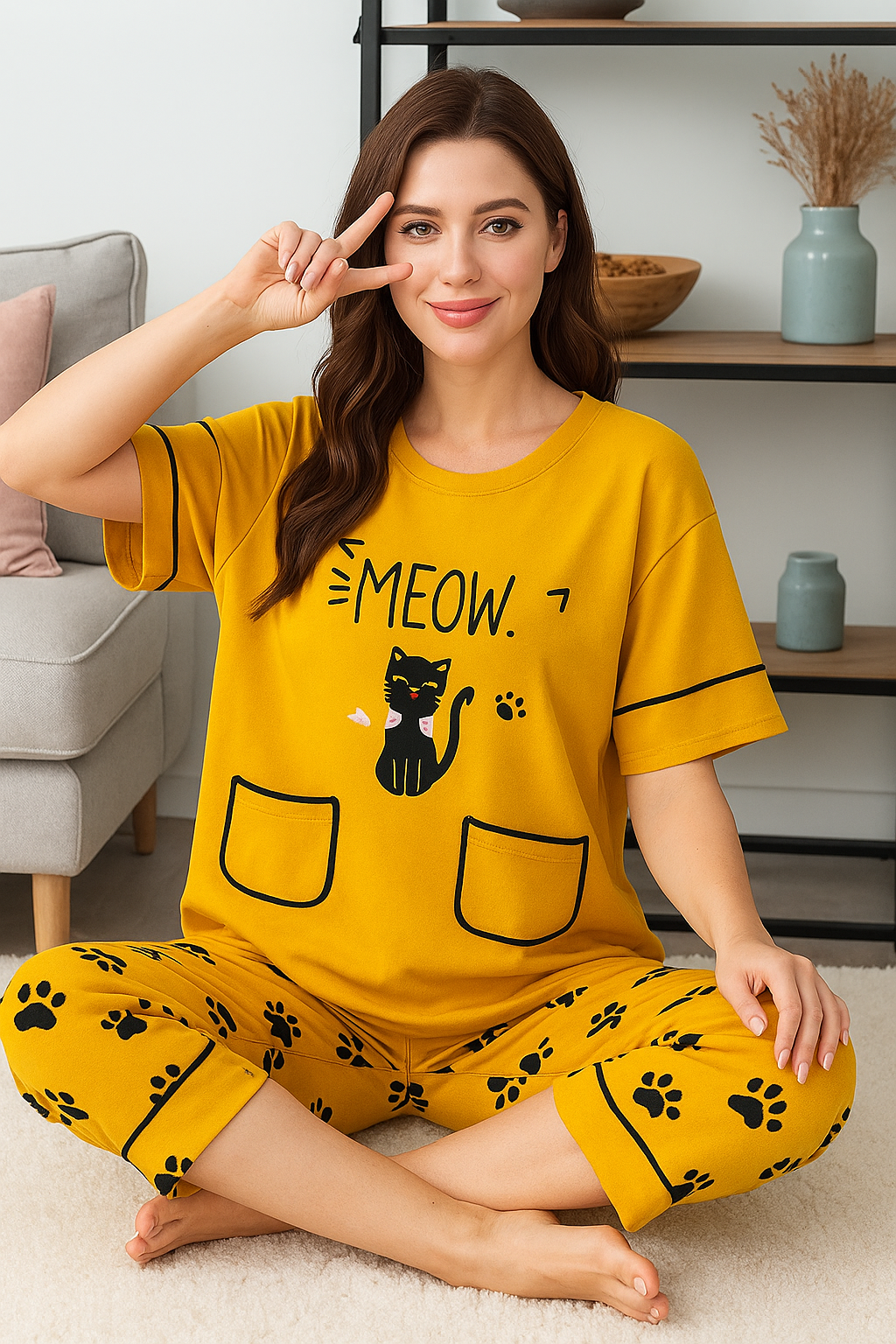 Mustard Yellow Cat Print Nightwear Set – Meow Style - Al SafouhStore
