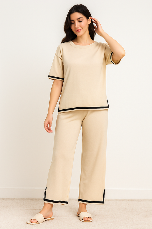 Beige Casual Two-Piece Set with Black Border - Al SafouhStore