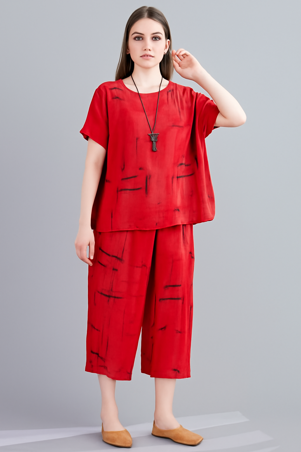 Red Geometric Printed Capri Nightsuit – Soft Jersey - Al SafouhStore