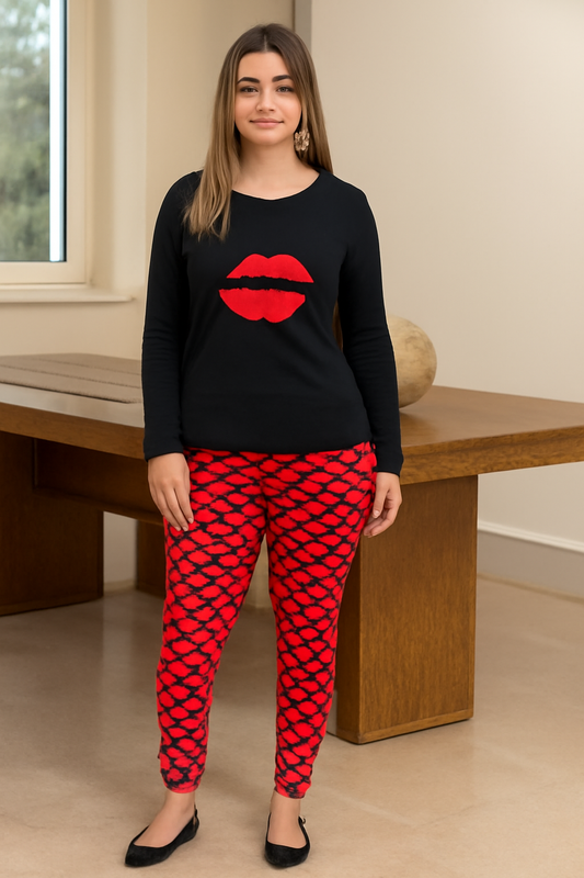 Trendy Black & Red Lip Print Nightwear Set – Soft Cotton - Al SafouhStore