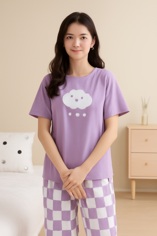 Cute Purple Cloud & Heart Print Nightwear Set – Soft Cotton - Al SafouhStore