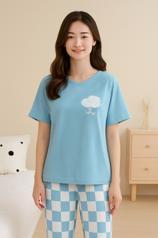 Light Blue Diamond Print Nightwear Set – Soft Cotton Pajamas - Al SafouhStore
