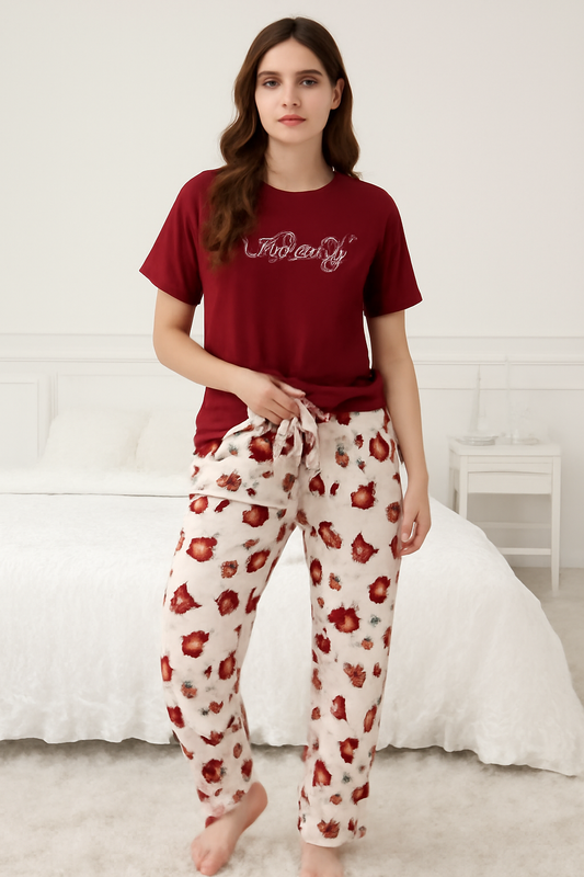 Maroon Top with Floral Print Pajama – Women’s Nightwear Set - Al SafouhStore