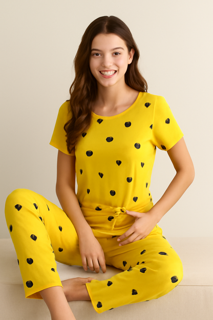 Yellow Heart Print Pajama Set – Women’s Nightwear - Al SafouhStore