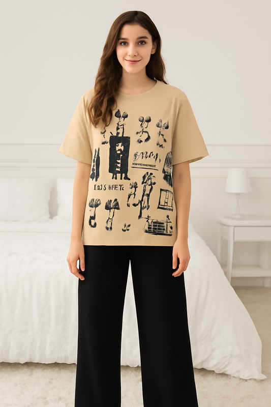 Beige Graphic T-Shirt & Black Pants Set - Al SafouhStore