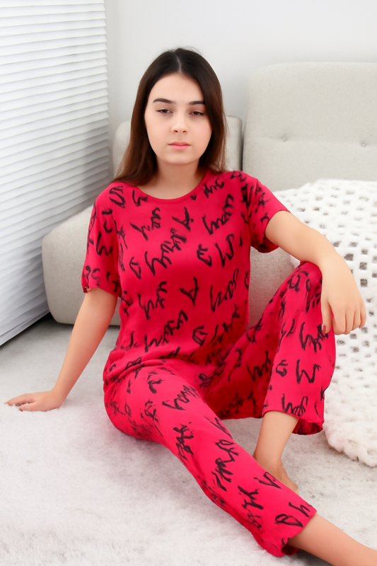 Bright Red Printed Nightwear Set - Al SafouhStore