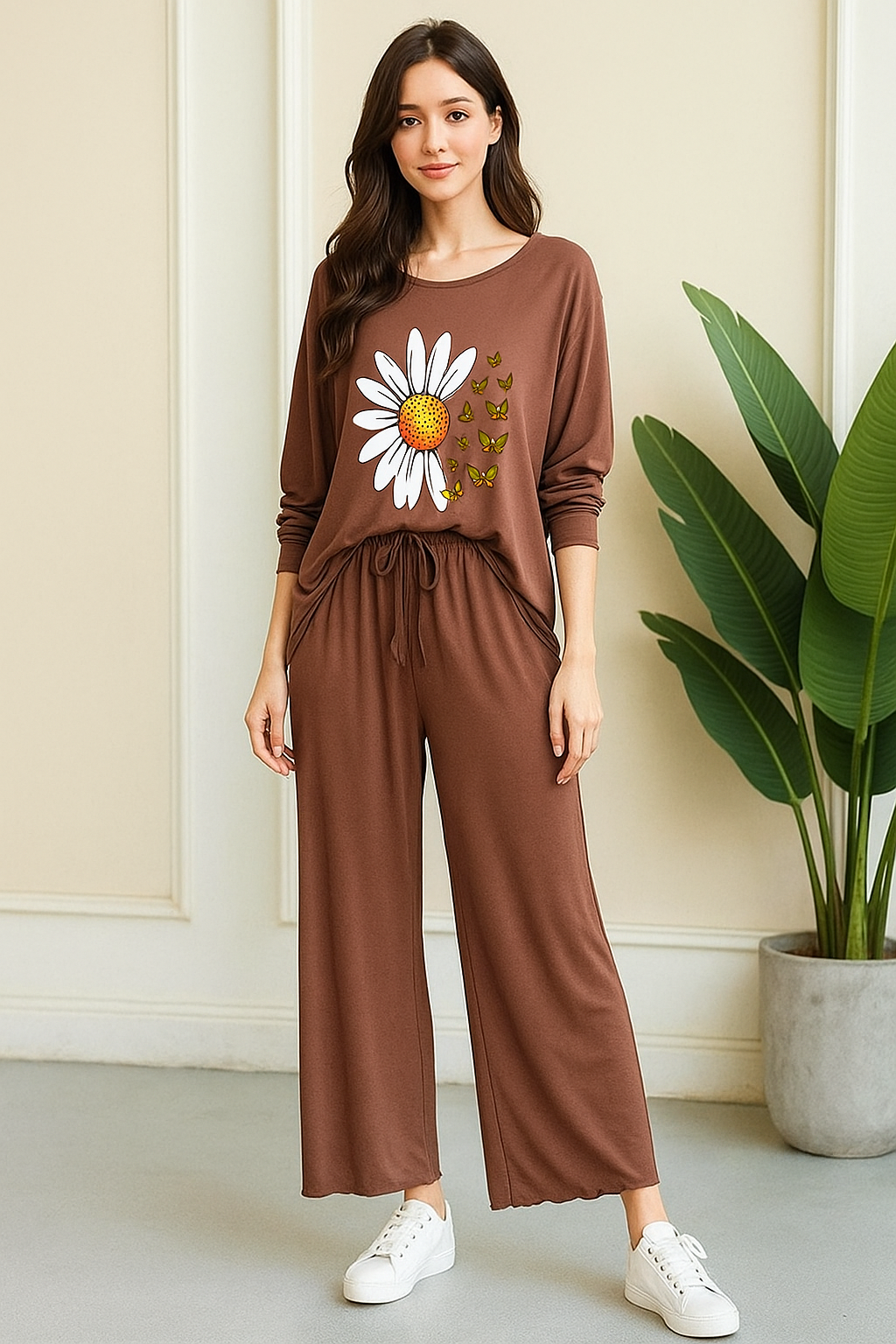 Brown Daisy Printed Nightwear Set – Soft Jersey - Al SafouhStore