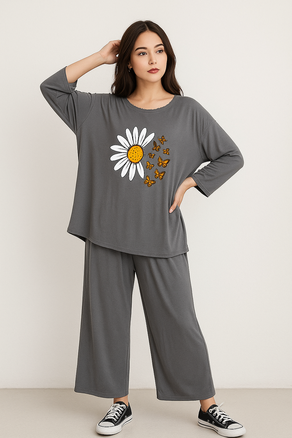 Grey Daisy Printed Nightwear Set – Soft Jersey - Al SafouhStore