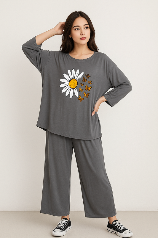 Grey Daisy Printed Nightwear Set – Soft Jersey - Al SafouhStore
