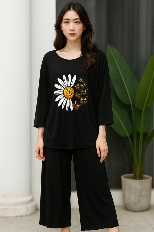 Black Daisy Printed Nightwear Set – Soft Jersey - Al SafouhStore