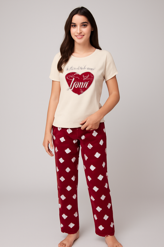 Red Heart Print Nightwear Set - Al SafouhStore
