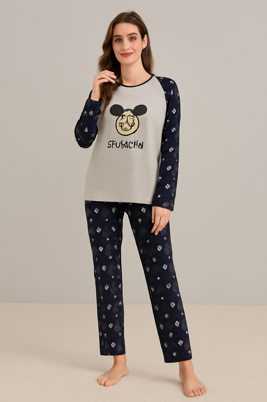 Navy Star Print Mickey Pajama Set – Cozy Cotton Nightwear - Al SafouhStore