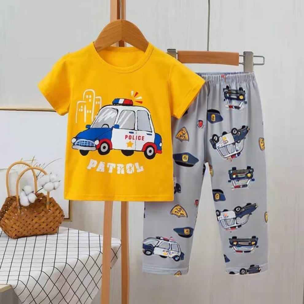 Baby Boy Yellow Police Car T-Shirt & Grey Pajama Set
