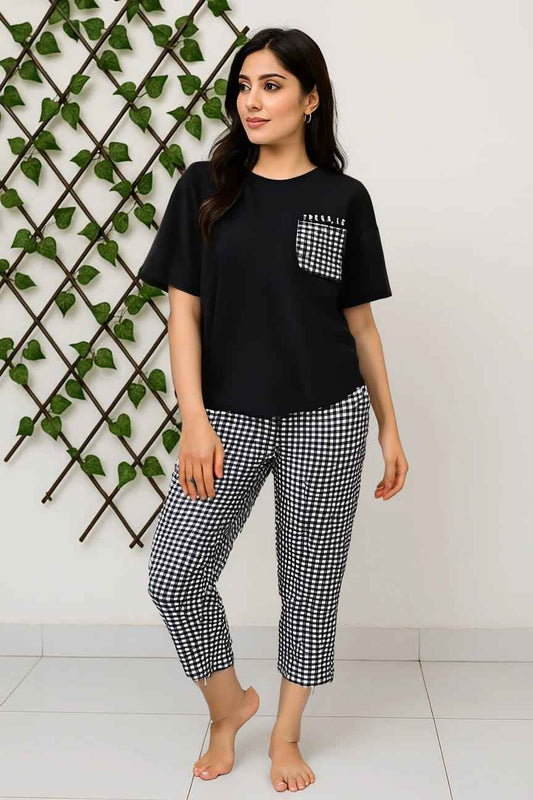 Black Checkered Nightwear Set