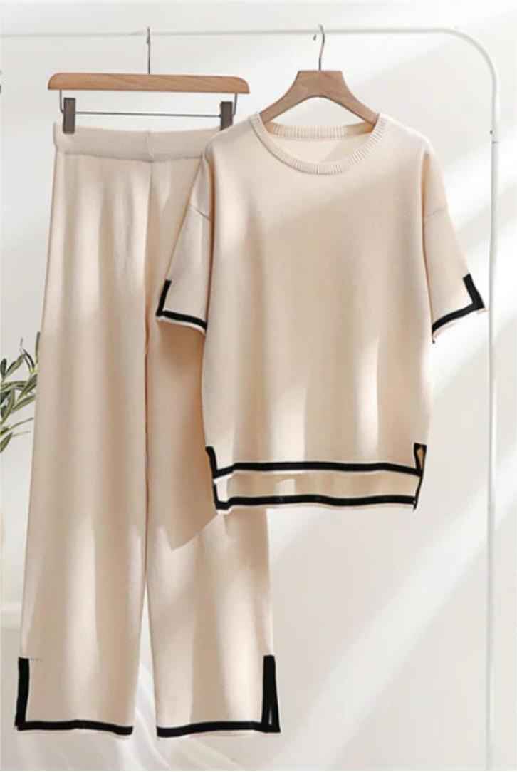 Beige Casual Two-Piece Set with Black Border