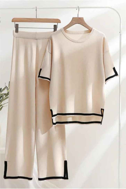 Beige Casual Two-Piece Set with Black Border