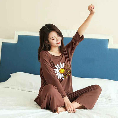 Brown Daisy Printed Nightwear Set – Soft Jersey