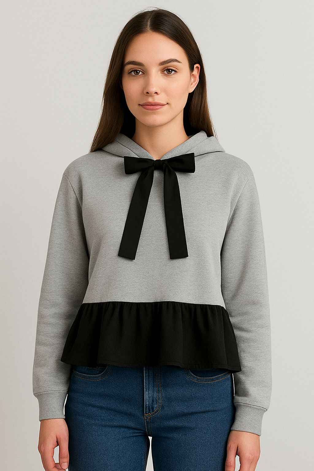 Elegant Grey Hoodie with Black Ribbon Bow & Ruffle Hem