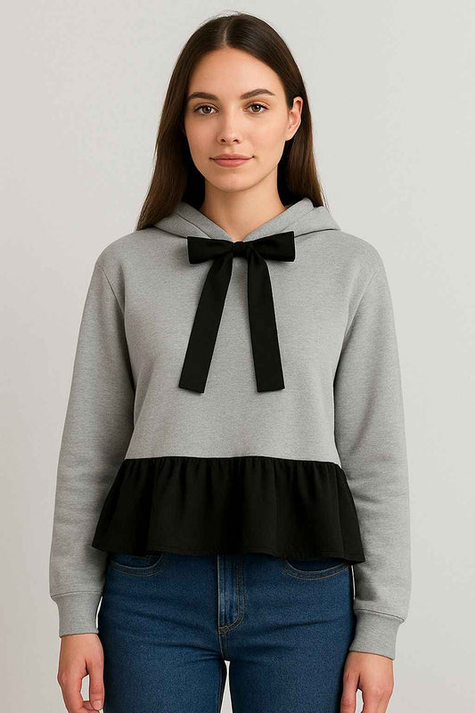 Elegant Grey Hoodie with Black Ribbon Bow & Ruffle Hem