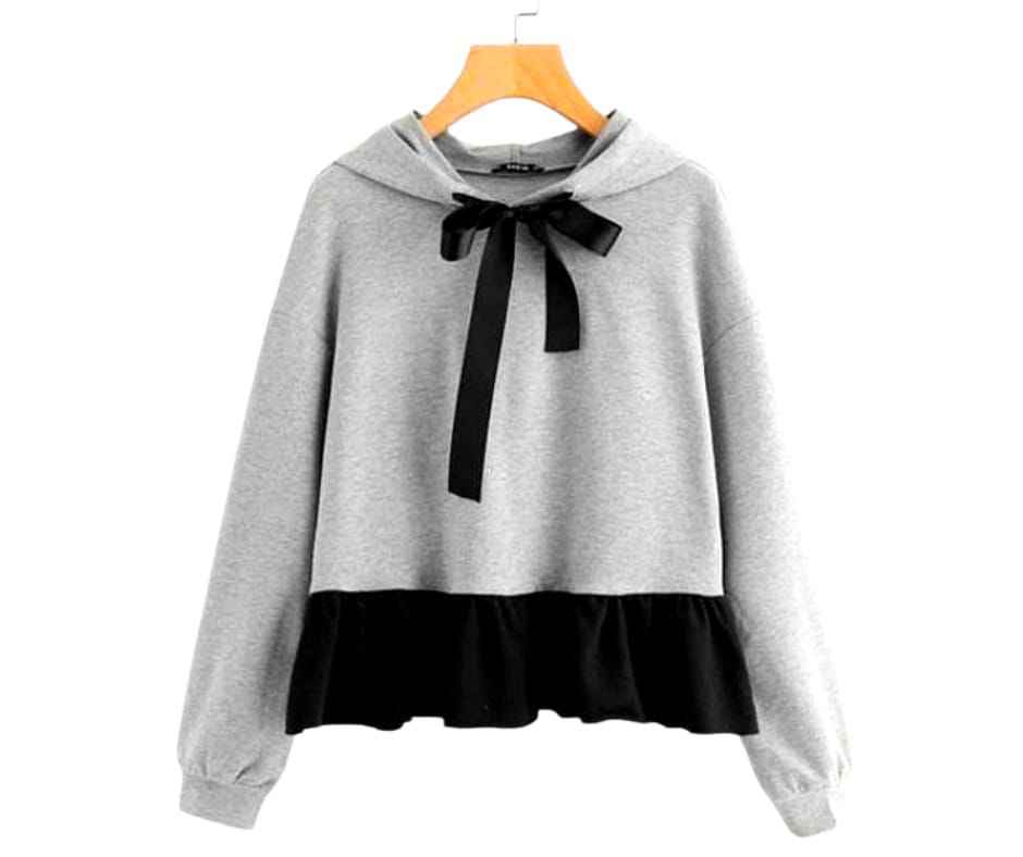Elegant Grey Hoodie with Black Ribbon Bow & Ruffle Hem