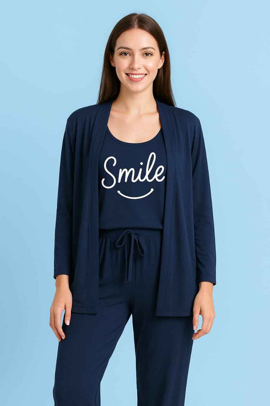 Smile Print 3pc Night Suit (Navy Blue)