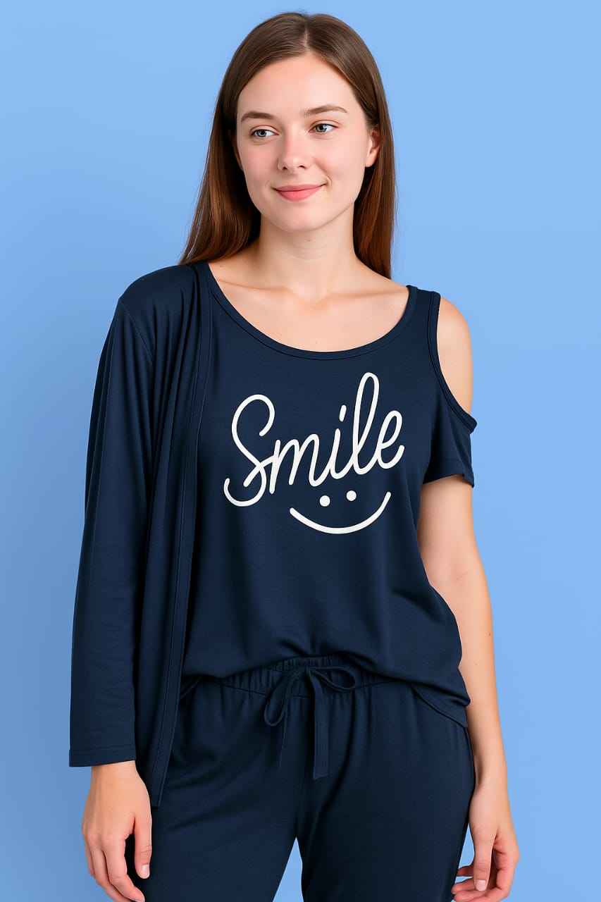 Smile Print 3pc Night Suit (Navy Blue)