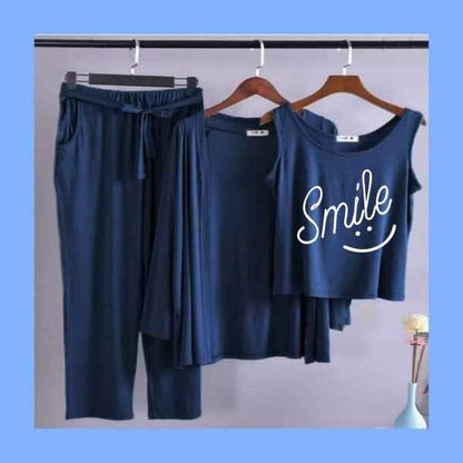 Smile Print 3pc Night Suit (Navy Blue)
