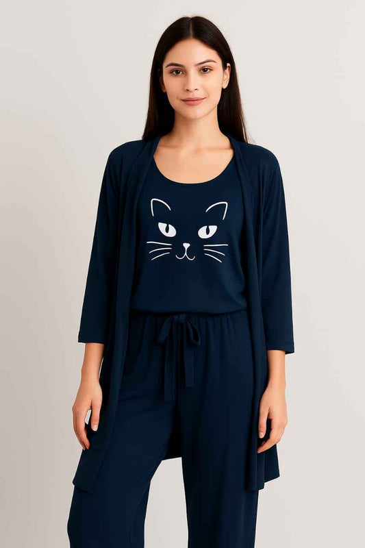Cat Face Print 3pc Night Suit