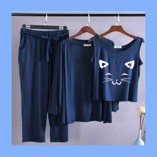 Cat Face Print 3pc Night Suit