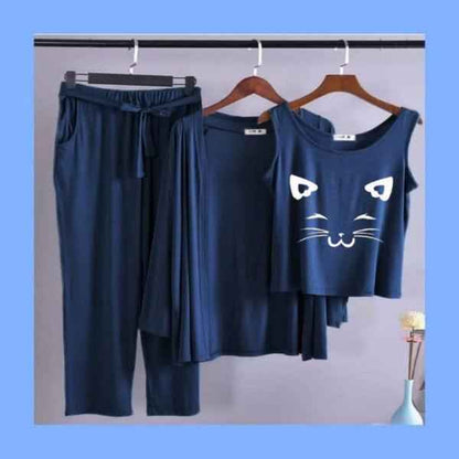 Cat Face Print 3pc Night Suit