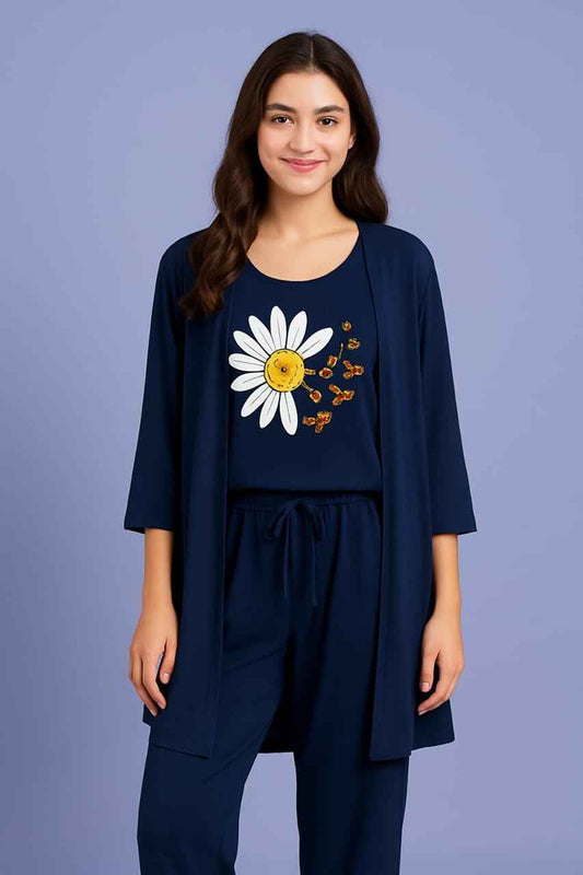 Daisy Flower Print 3pc Night Suit