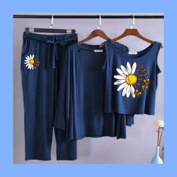 Daisy Flower Print 3pc Night Suit
