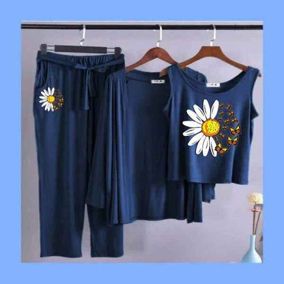 Daisy Flower Print 3pc Night Suit