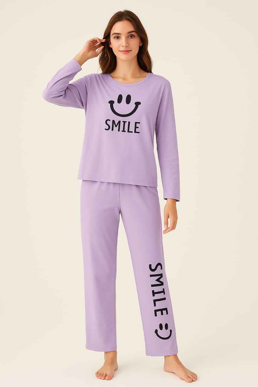 Ladies Soft Jersey Night Suit – Lavender Smile Print